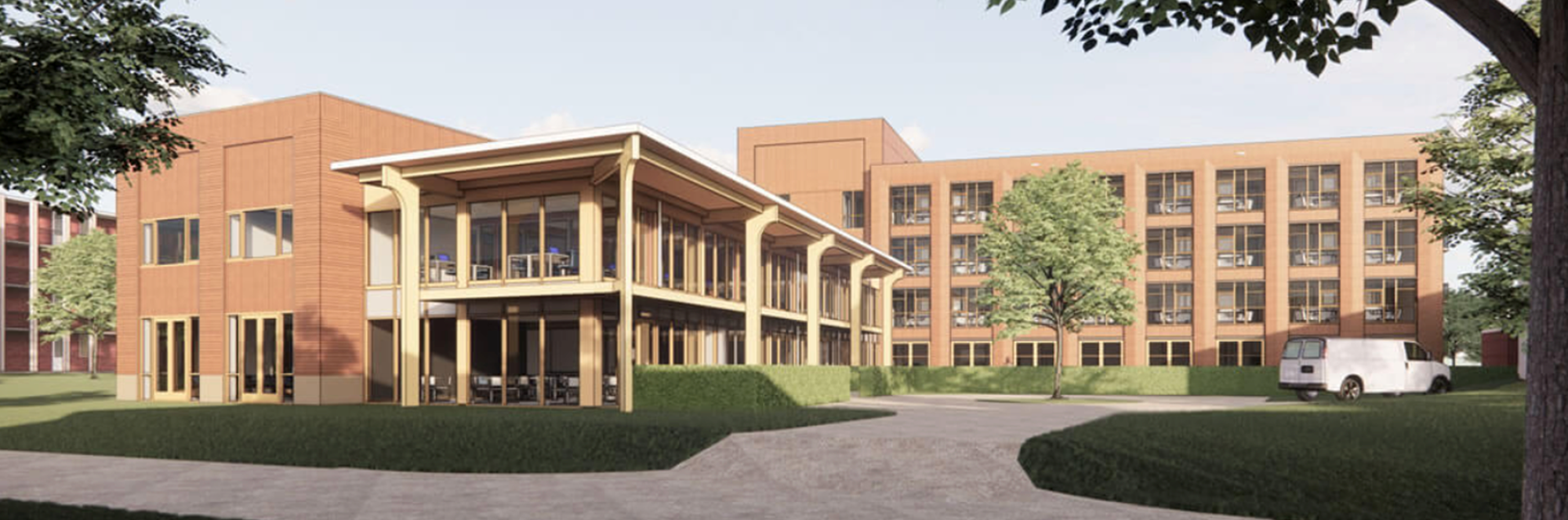 Impressie van de nieuwbouw van zorginstelling Het Maanderzand, ontworpen als een toekomstbestendige zorgomgeving die aansluit op de behoeften van cliënten en organisatie.