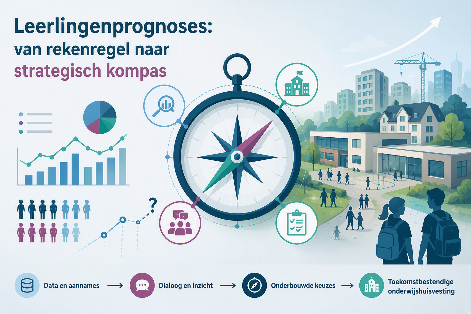 Leerlingenprognoses als strategisch kompas voor onderwijshuisvesting, weergegeven met een kompas, data en een schoolomgeving.
